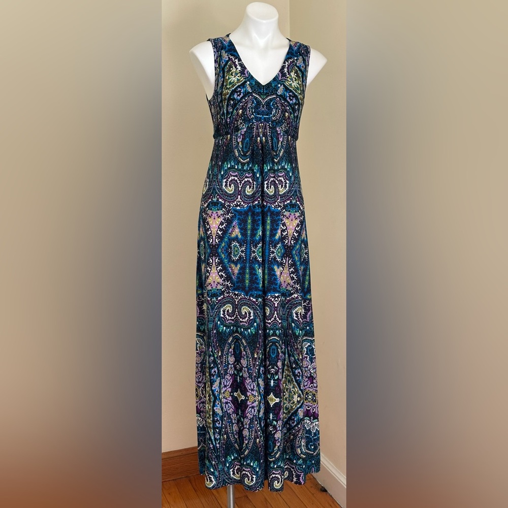 Chico's Vibrant Colors Blue Green Purple & Black Maxi V Neck Dress Sz 0,